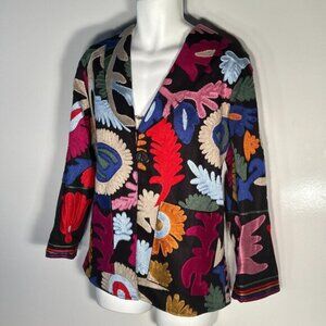 John Mark SZ L Black Multi Color Embroidered Blazer Oversized Artsy Chic